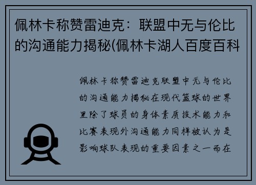 佩林卡称赞雷迪克：联盟中无与伦比的沟通能力揭秘(佩林卡湖人百度百科)